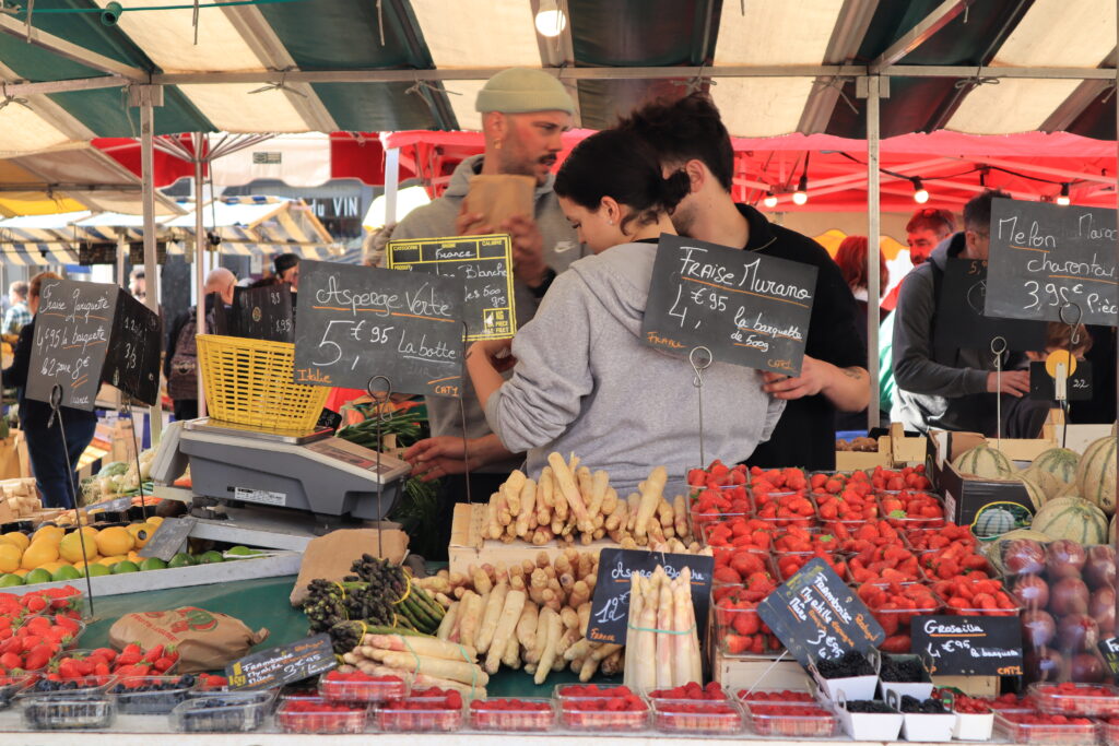 Outdoor food market in La Rochelle, France