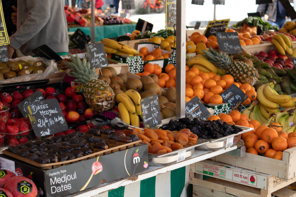 Outdoor food market in La Rochelle, France