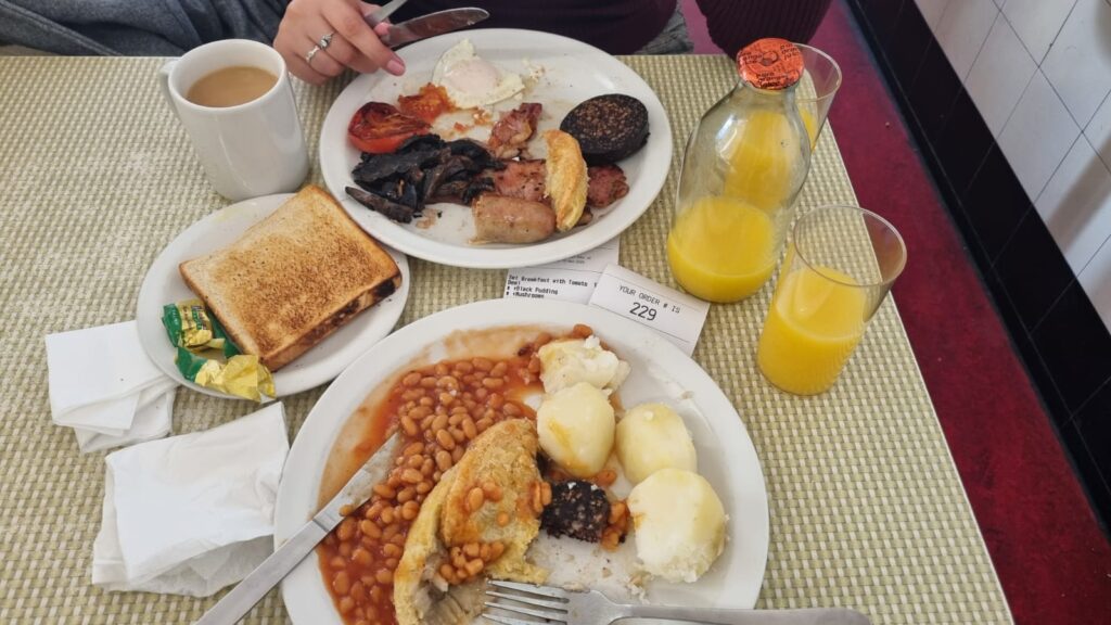 Traditional English breakfast at Regency Cafe, Regency Street, London