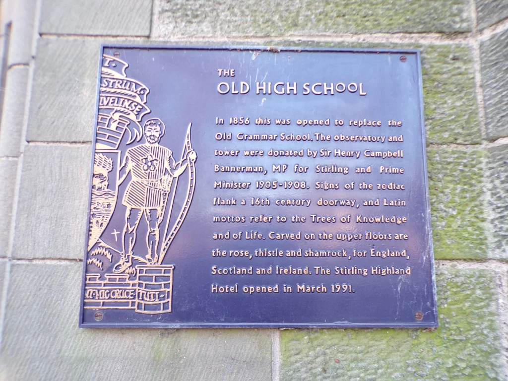 A plaque commemorating the Old High School in Stirling that is now the Stirling Highland Hotel