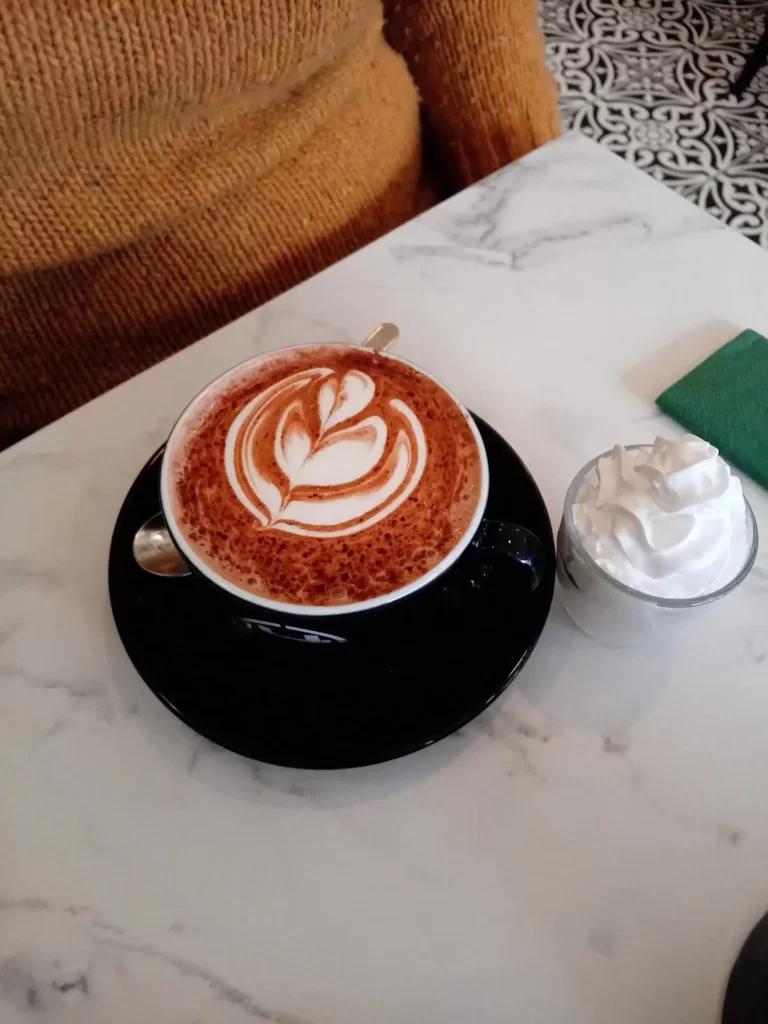 A hot chocolate with whipped cream in Granary Cafe Stirling